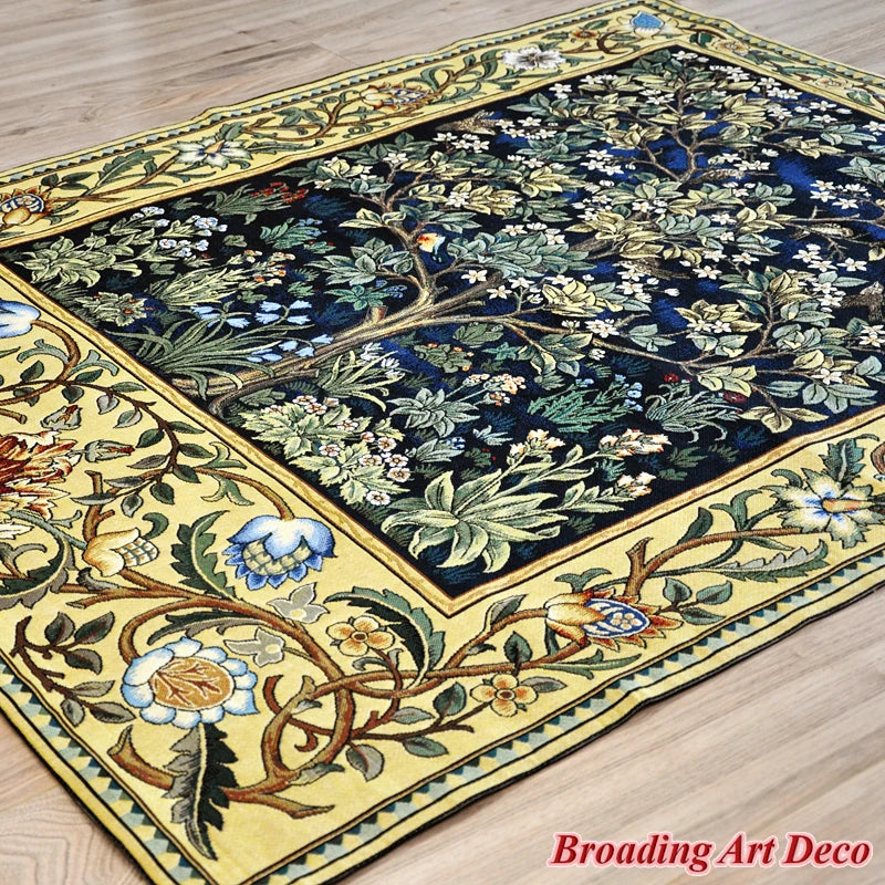 tapisserie murale coton art nouveau floral arbres feuillage oiseau bleu foncé vert beige