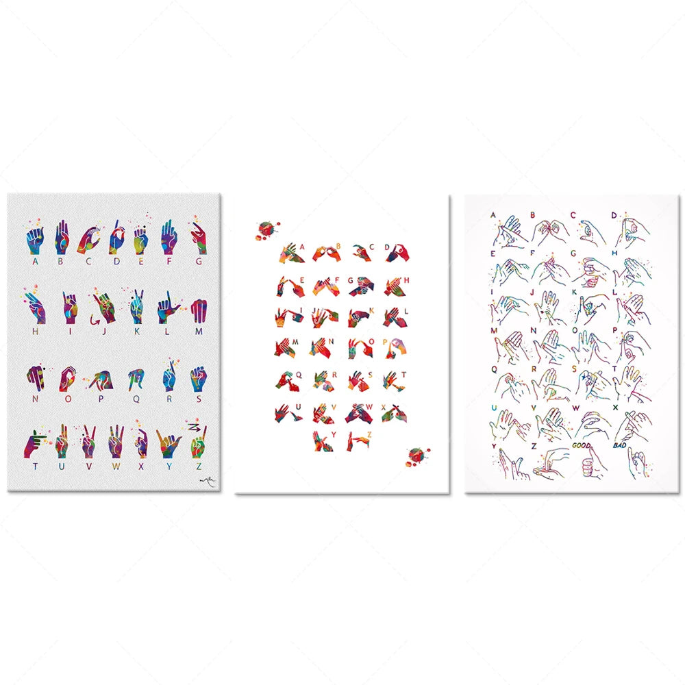 L'image montre une série d'illustrations colorées représentant l'alphabet en langue des signes, avec des mains expressives formant des gestes signifiants.