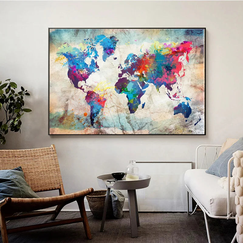 décoration murale moderne toile carte monde abstraite colorée vintagerollable tube