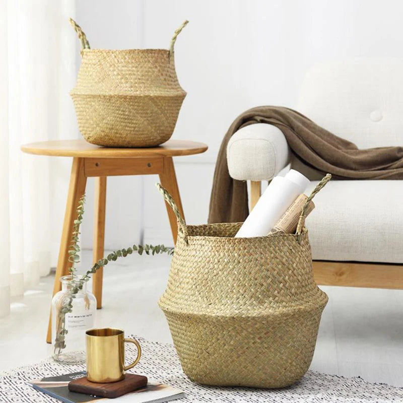 panier tissé osier pliable rangement stockage beige clair rustique naturel poignées corde
