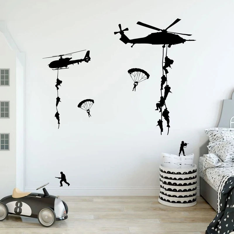 sticker mural hélicoptère parachutistes noir adhésif chambre ado minimalisteintérieur decoration auto colle