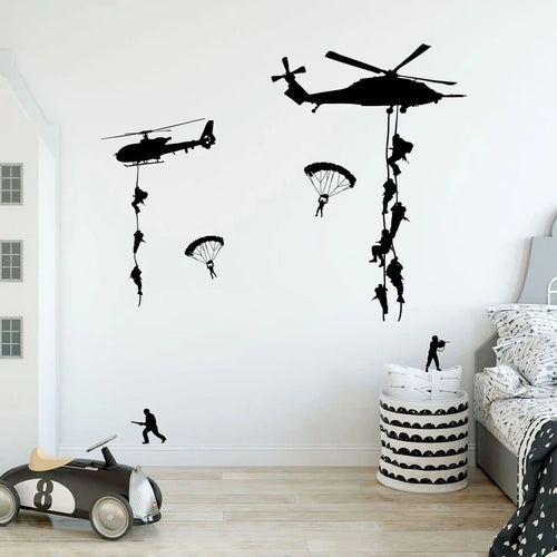 sticker mural hélicoptère parachutistes noir adhésif chambre ado minimalisteintérieur decoration auto colle