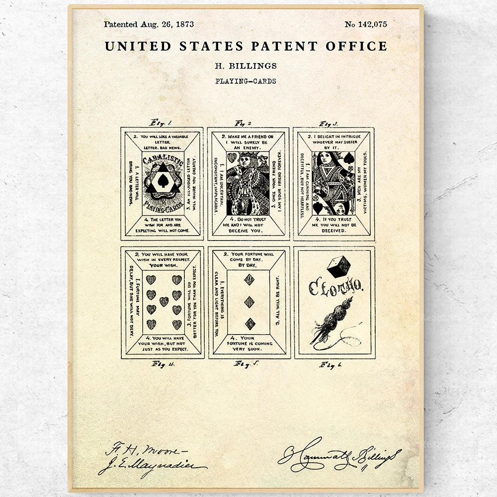 Cette image est le brevet délivré par le bureau des brevets des États-Unis pour les cartes à jouer conçues par H. Billings, datant du 26 août 1873. Le brevet présente différents motifs et messages imprimés sur les cartes.