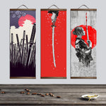 toile peinte art japonais femme épée fond texturé classique blanc noir rouge gris