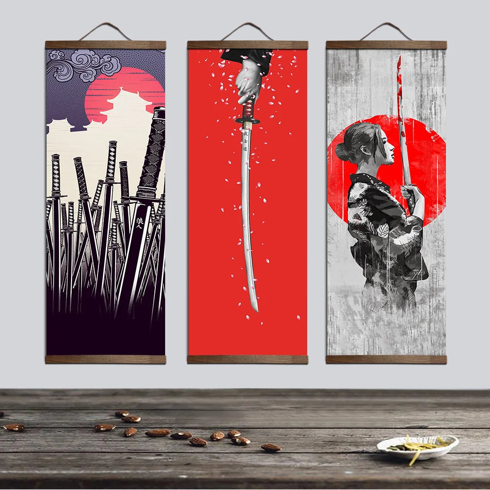 toile peinte art japonais femme épée fond texturé classique blanc noir rouge gris