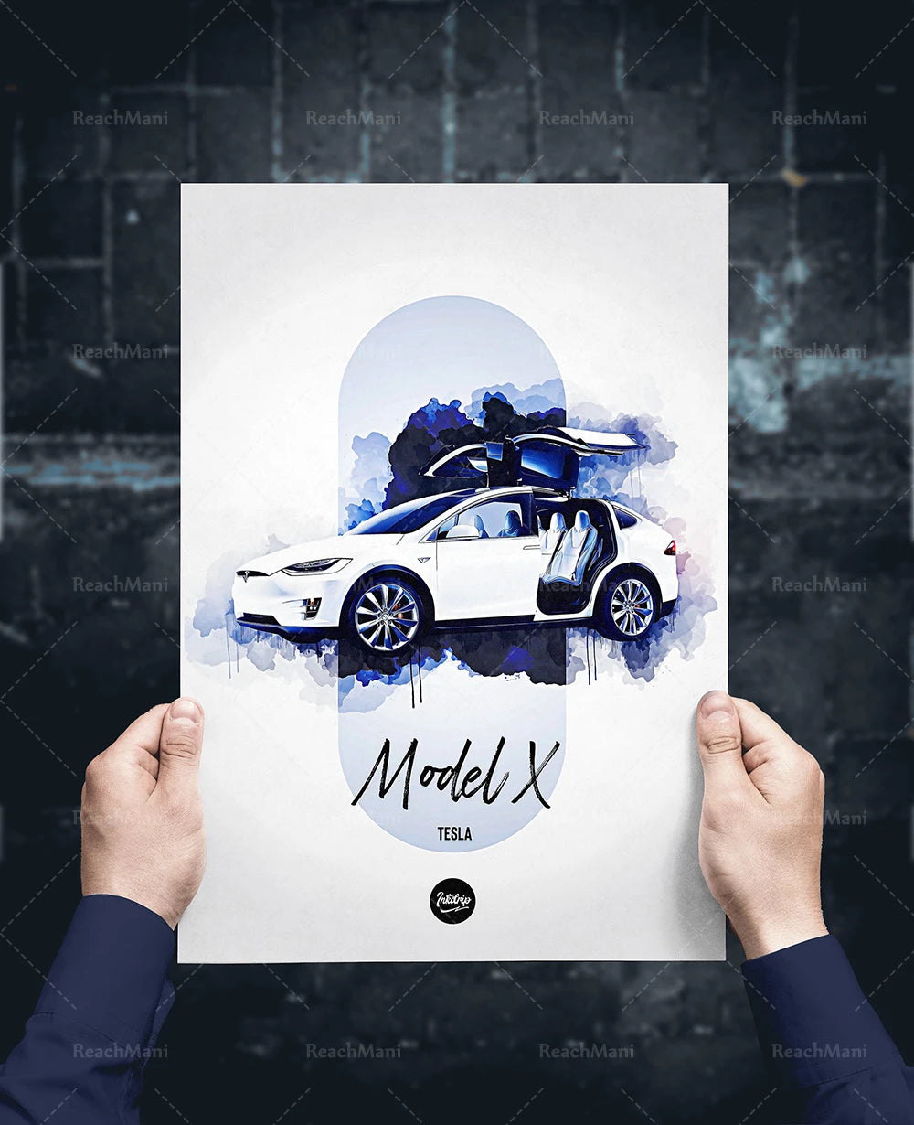 Image d'un véhicule électrique Tesla Model X sur fond sombre, avec illustration artistique et texte "Model X Tesla".