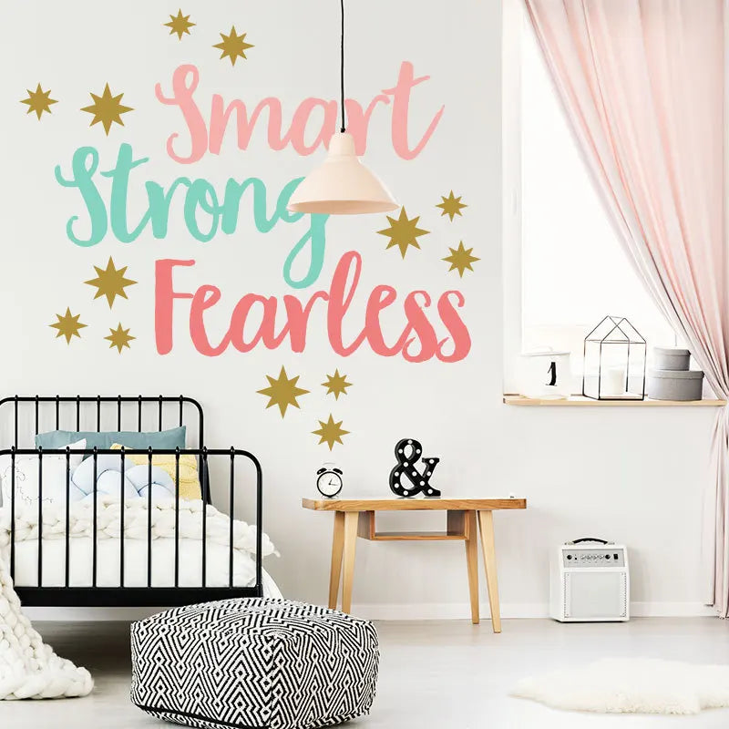 sticker mural moderne smart strong fearless étoiles dorées enfantin rose bleuclair opaque chambre coucher