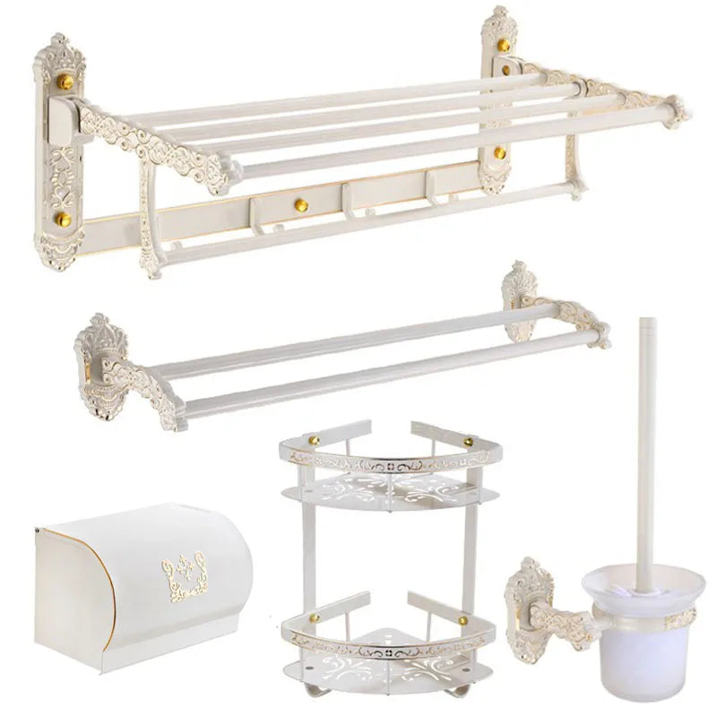 étagère salle bain blanc doré ornements sculptés finition art déco porte serviettes savon brosse
