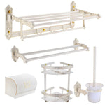 étagère salle bain blanc doré ornements sculptés finition art déco porte serviettes savon brosse
