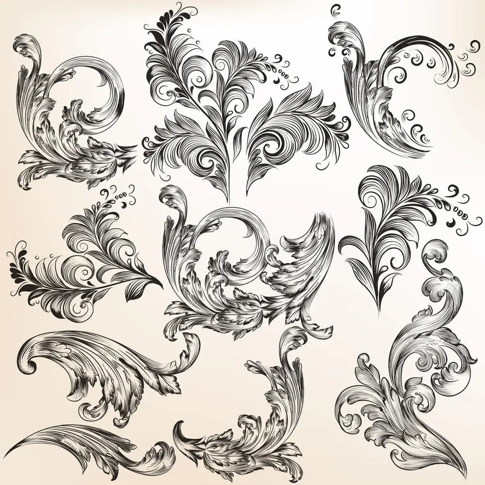 timbres vintage baroques motifs floraux ornements feuilles fleurs marron clair décoration artisanale scrapbooking