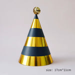 chapeaux fête anniversaire or bleu marine rayures pois dorés happy birthday moderne festif