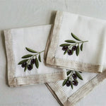 serviettes brodées olivier motifs festonnés rustique coton polyester table manger decoration cadeau