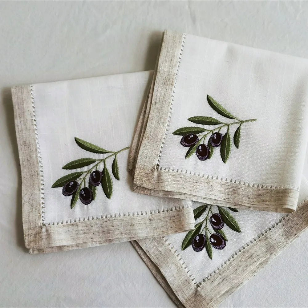 serviettes brodées olivier motifs festonnés rustique coton polyester table manger decoration cadeau