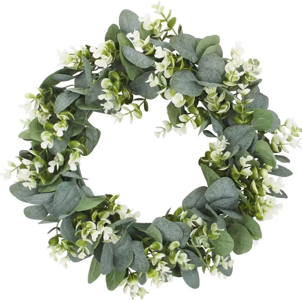 couronne fleurs artificielles vertes blanches feuilles naturel rustique extérieure intérieure décoration hiver automne 42cm
