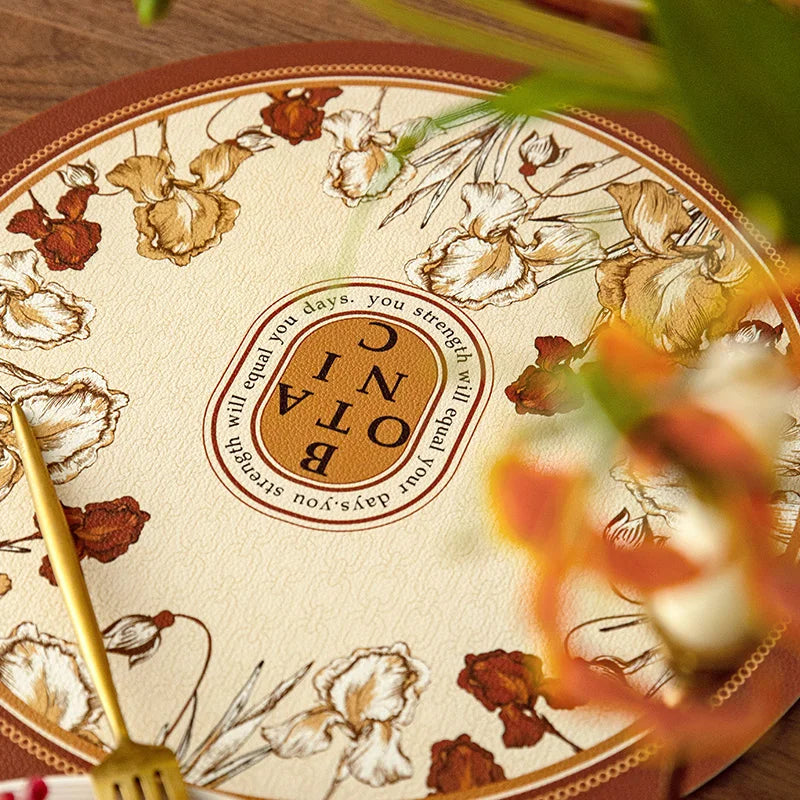 tapis table rond protection anti dérapante pvc respectueux environnement beige marron fleurs stylisées élégant