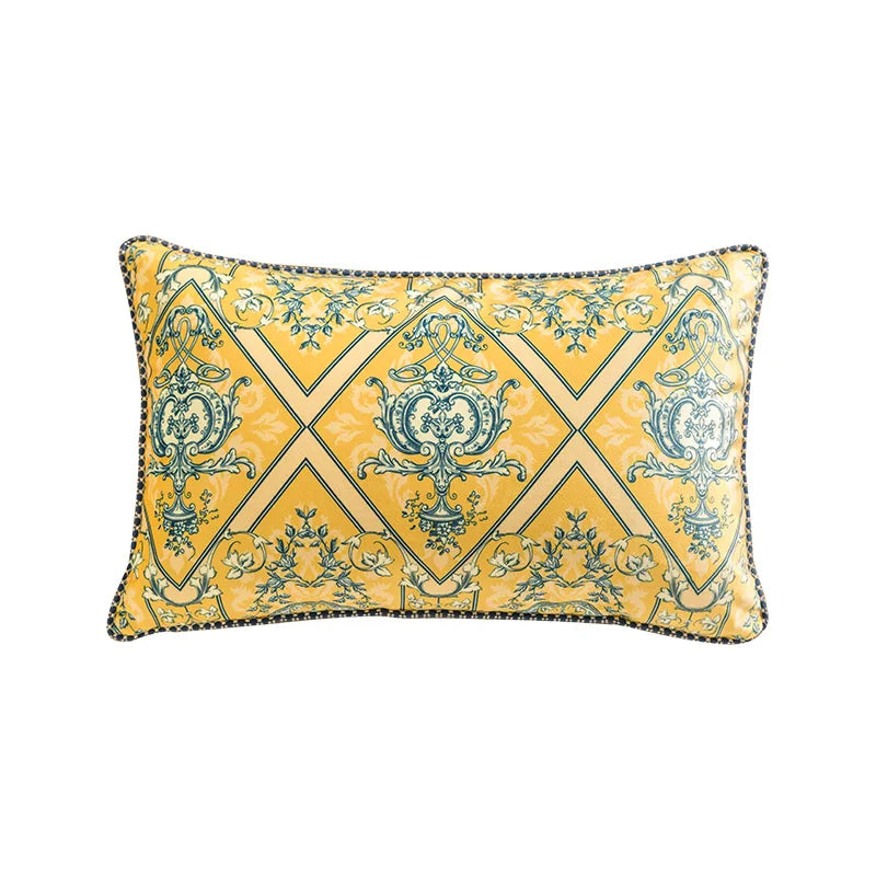 coussin jaune motif floral bleu classique tissu polyester respectueux environnement maison decoration adhésif