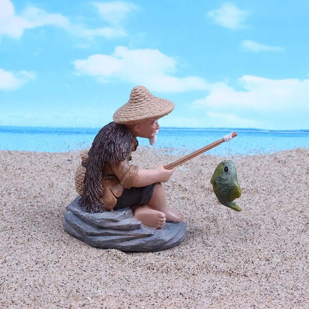 figurine decorative pêcheur chapeau paille sac dos canne poisson verte rustique asiatique