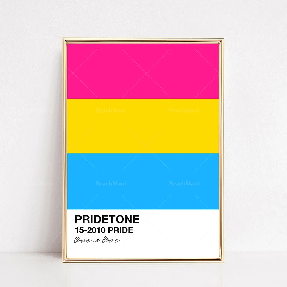 Une affiche multicolore au motif géométrique avec le texte "PRIDETONE 15-2010 PRIDE Love is love".