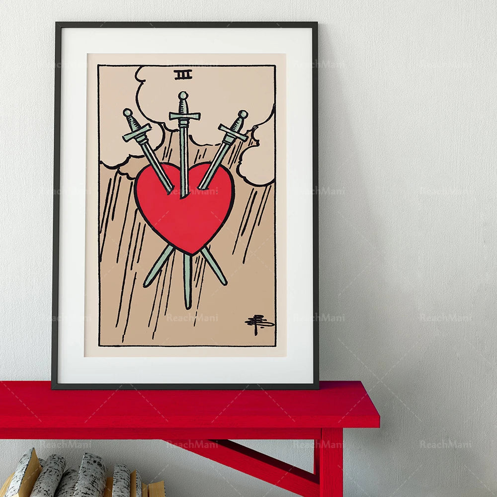 Une représentation symbolique d'un cœur percé de trois épées, illustrant un thème de souffrance ou de conflit émotionnel.