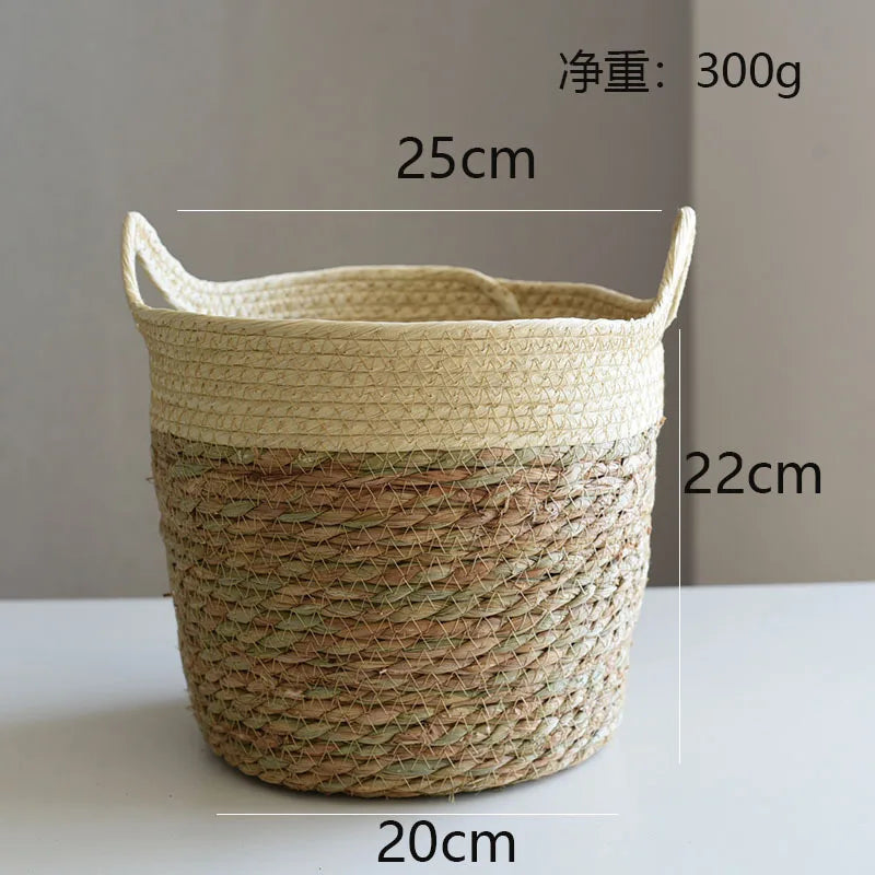 panier tissé main fibre naturelle vert clair beige rustique réutilisable respectueux environnement pliable rangement