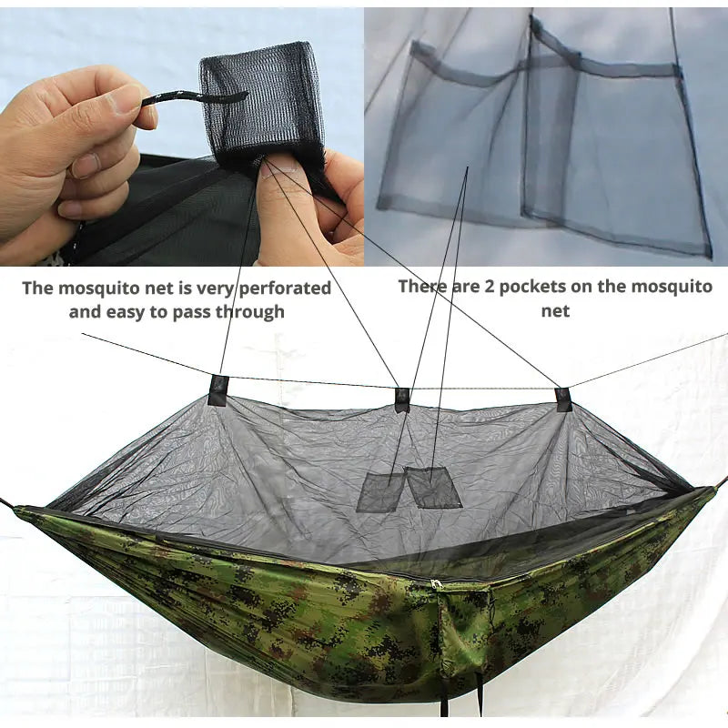 hamac camping moustiquaire camouflage protection soleil anti moustiques sac rangement corde suspension sécurité pratiqueextérieur