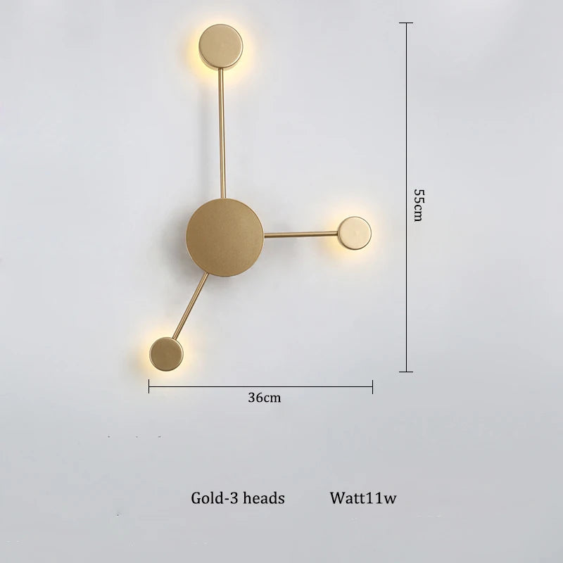 lampes murales modernes abstrait cercles tiges métalliques noir doré minimaliste têtes