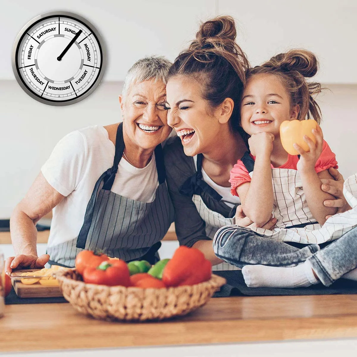horloge murale jour semaine cadran argenté face blanche moderne minimaliste quartz aiguille salon