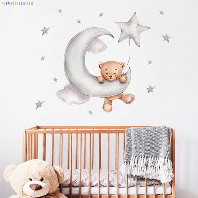 Sticker mural enfant ours lune et nuage
