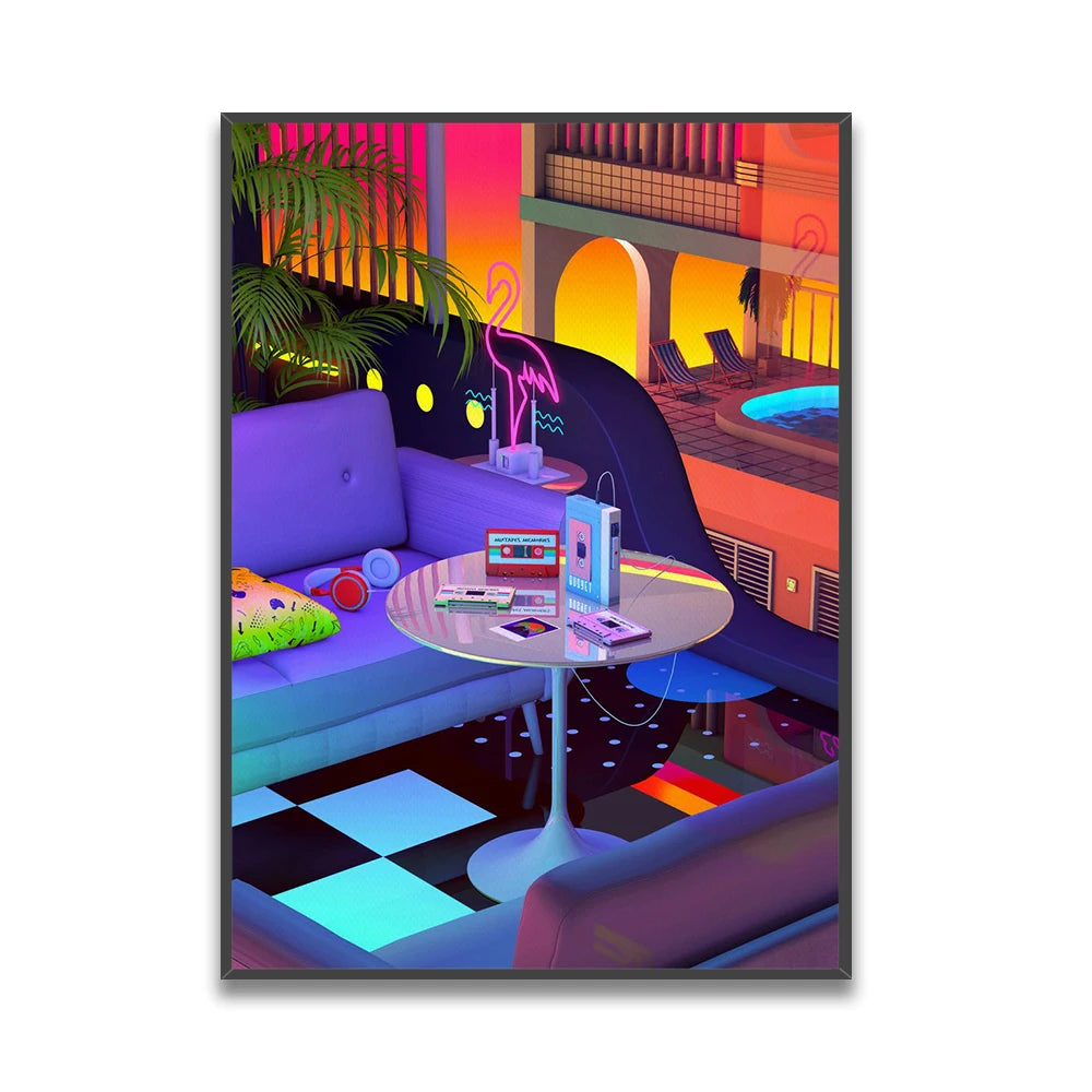 Une pièce colorée et vibrante avec des meubles modernes, des accessoires rétro et des plantes exotiques, créant une ambiance chaleureuse et ludique.