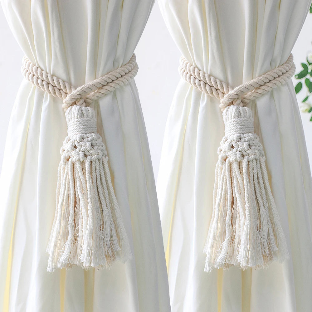 rideaux boho chic tissés main rubans décoratifs coton opaques beige clair noecs ornements