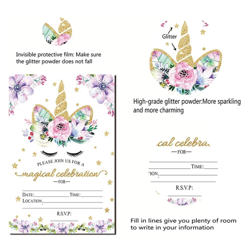 invitations anniversaire licorne fleurs roses étoiles dorées illustration animée colorées opaques filles decoration fête