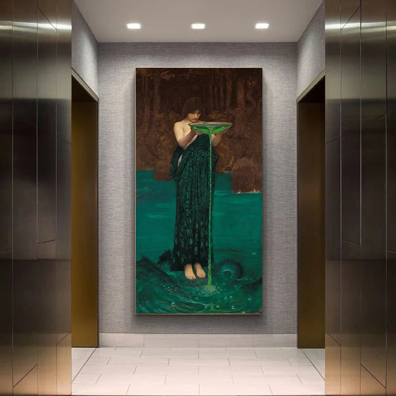 tableau impressionniste toile verte femme paysage aquatique décoration salon chambreOpaque motif floral cadre doré