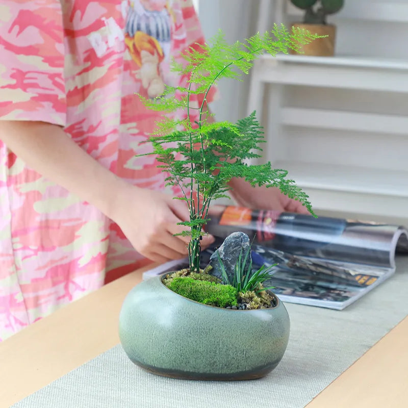 pot plante céramique glacé moderne minimaliste vert gris matériau poterie sans trou