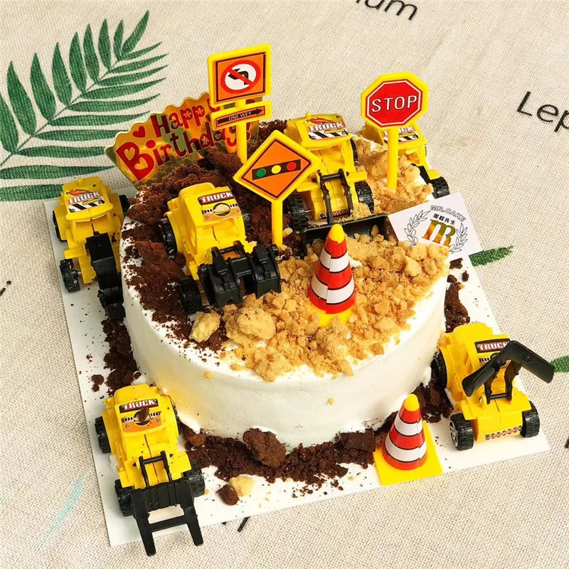 décoration anniversaire enfant miniatures construction jaune gris noir blanc jouet plastique brillant