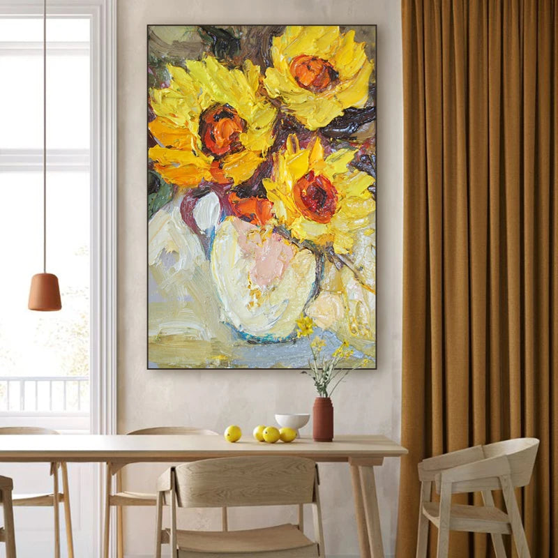 tableau abstrait peinture l'huile tournesol fleur moderne impressionniste toile sans cadre vertical salonDecoration Jaune