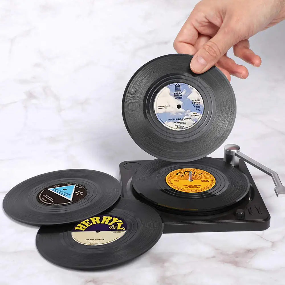 Set de 6 sous-verres vinyles rétro avec support