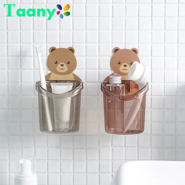 porte brosses dents récipient articles toilette marron clair beige semi transparents ours decoratif adhésif
