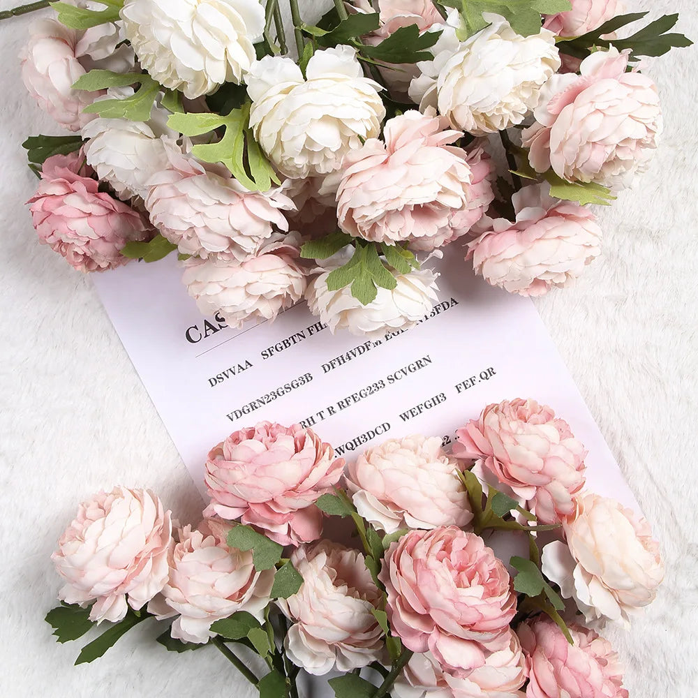 Bouquet artificiel pivoine rose pâle blanc feuilles vertes décoration intérieure romantique 29cm total length