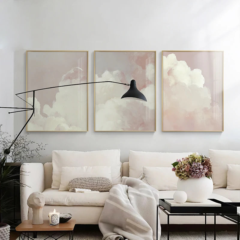 toile d'art moderne minimaliste nuages abstrait bleu clair blanc rose pâle sans cadre
