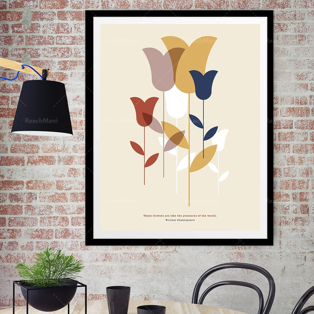 L'image affiche un arrangement abstrait de fleurs colorées, avec des formes et des teintes évoquant la beauté et les plaisirs du monde, comme le suggère la citation de William Shakespeare.