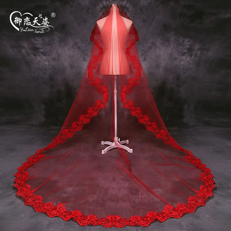 voile mariée femme rouge blanc dentelle bordure clips classique translucide adultère unique