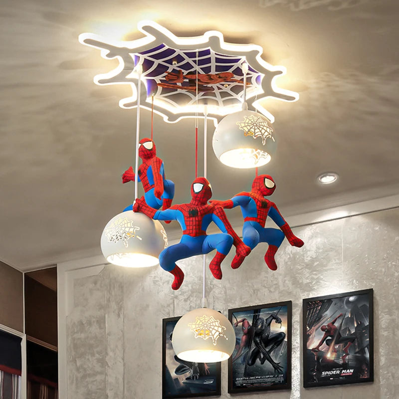 suspension lumineuse enfantine rouge bleu spiderman figurines toile araignee moderne