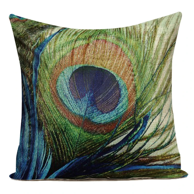 housse coussin carrée décorative motif paon bleu vert violet canapé salon moderne