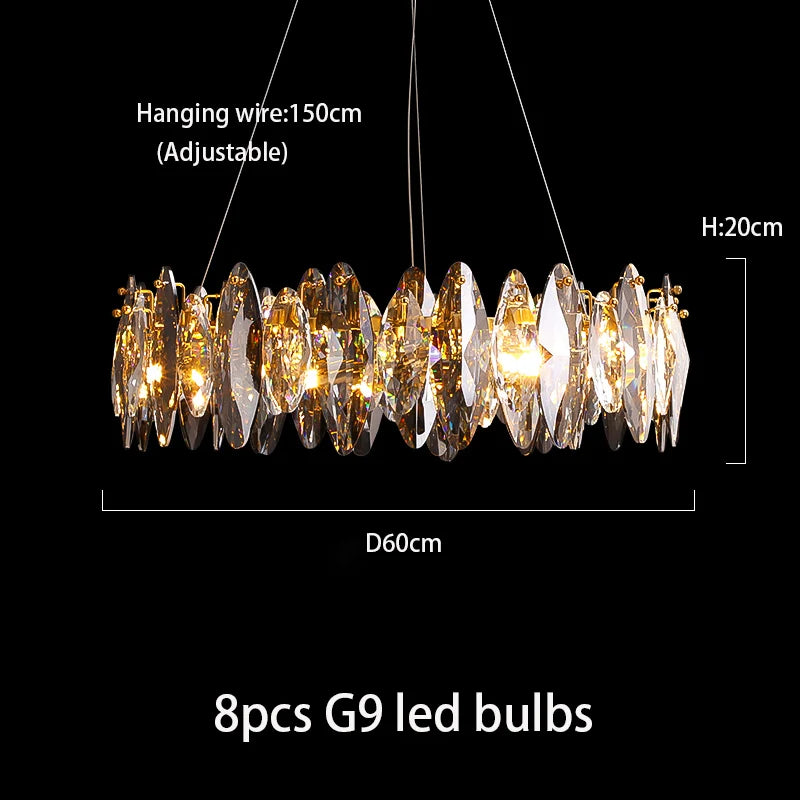 Suspension lumineuse contemporaine transparente dorée cristaux géométriques chambre salon