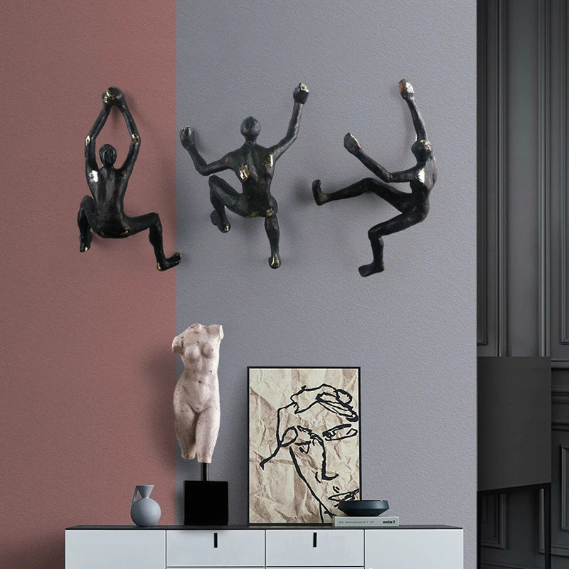 figurines murales humaines escalade noir bronze moderne art expressionnistesDecorationMurale