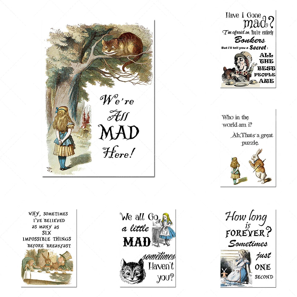 Cette image contient plusieurs citations et illustrations de personnes, d'animaux et d'éléments liés au thème de la folie et de la fantaisie, créant un effet visuel ludique et surréaliste.