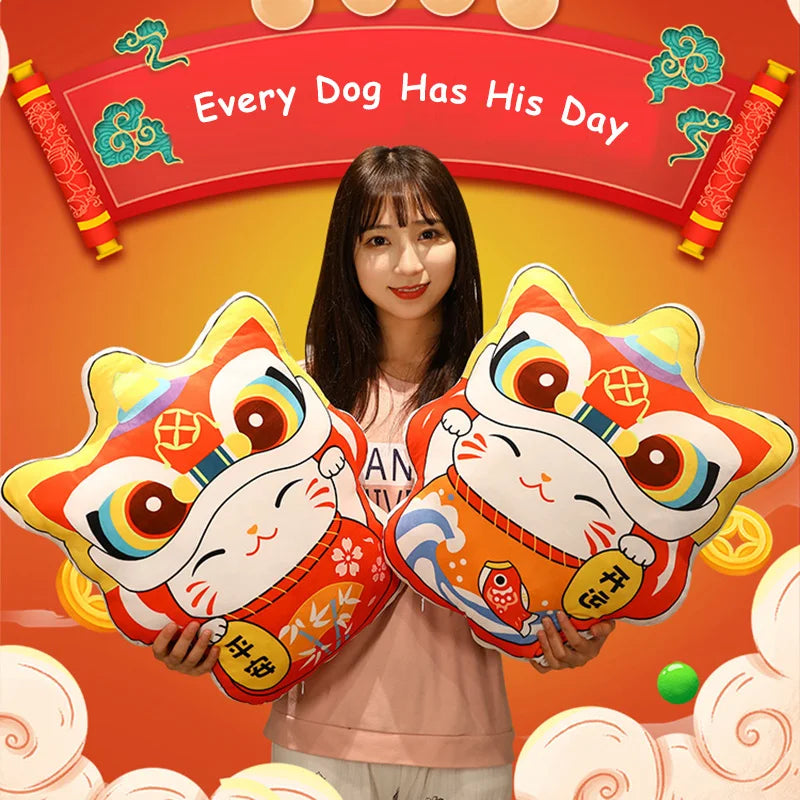 coussin chinois motif chat chanceux poissons fleurs traditionnel lavable rouge jaune bleu blanc orange