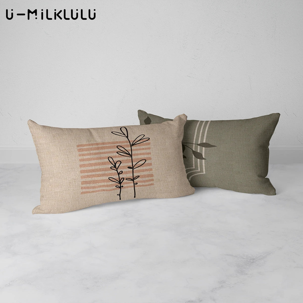 housse coussin motif feuilles moderne 30x50cm beige gris marronclair rosepâle
