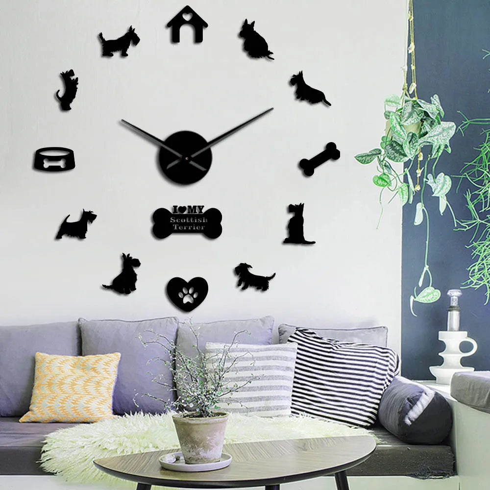 horloge murale moderne chien maison os cœur salon quartz aiguille noir doré stickers