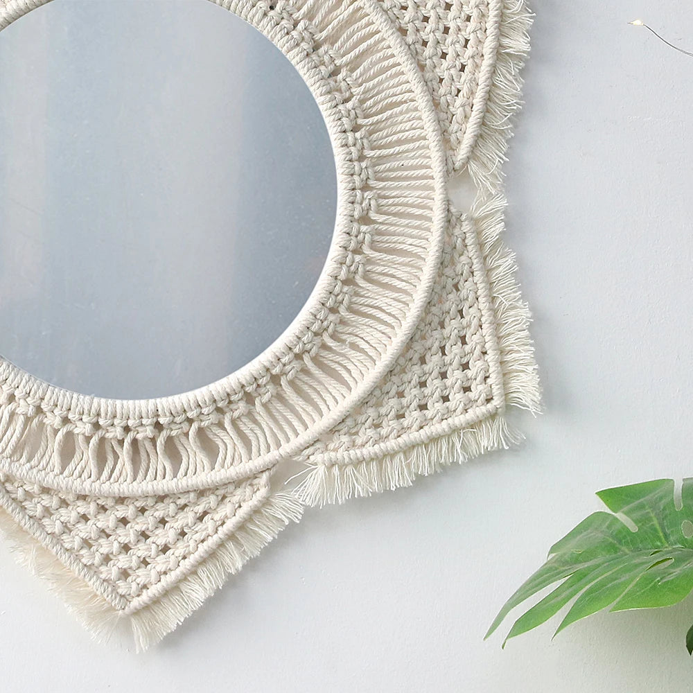 miroir decoratif boheme macramé franges étoile tressage blanc cassé geometrique chambre salon